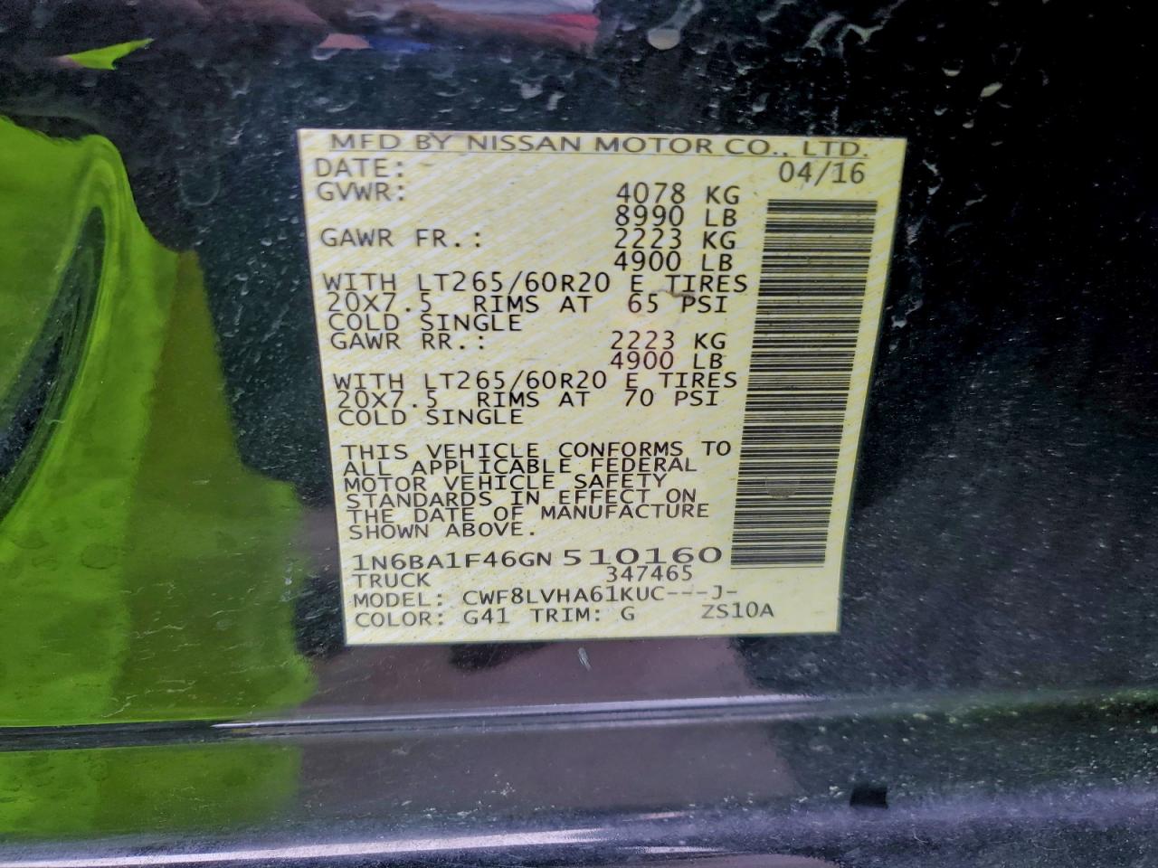 2016 Nissan Titan Xd Sl VIN: 1N6BA1F46GN510160 Lot: 93543215