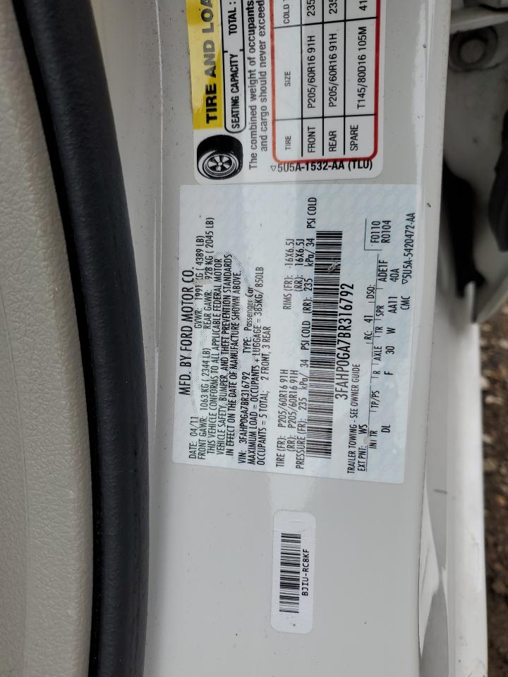 2011 Ford Fusion S VIN: 3FAHP0GA7BR316792 Lot: 93182395