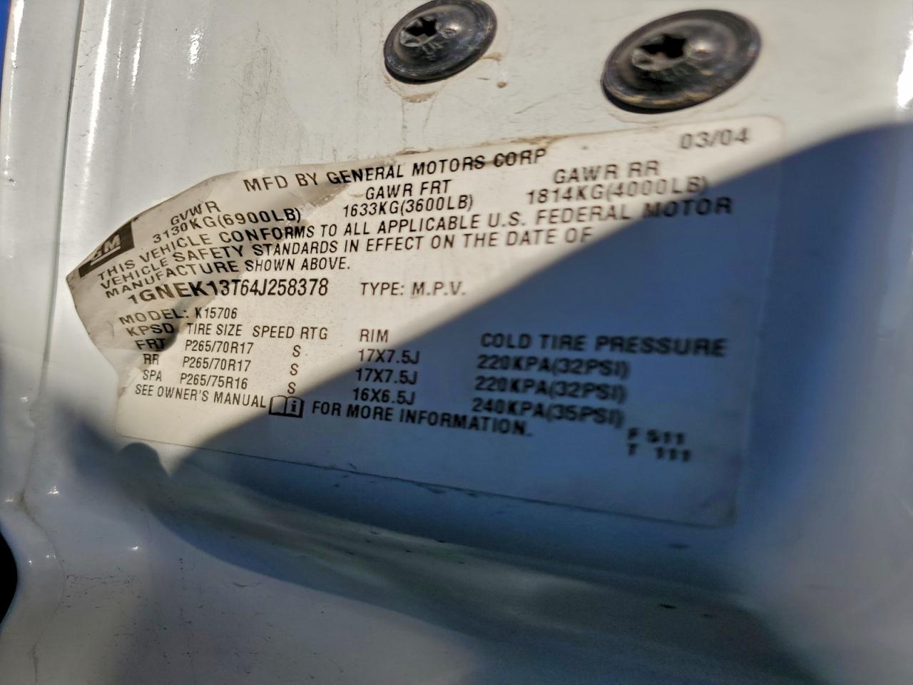 2004 Chevrolet Tahoe K1500 VIN: 1GNEK13T64J258378 Lot: 94592445