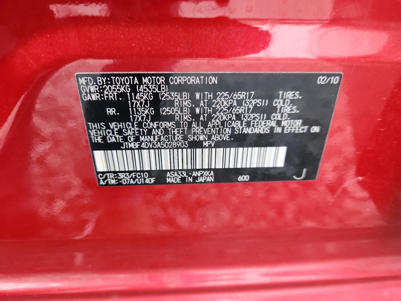 2010 Toyota Rav4 VIN: JTMBF4DV3A5028903 Lot: 95245535