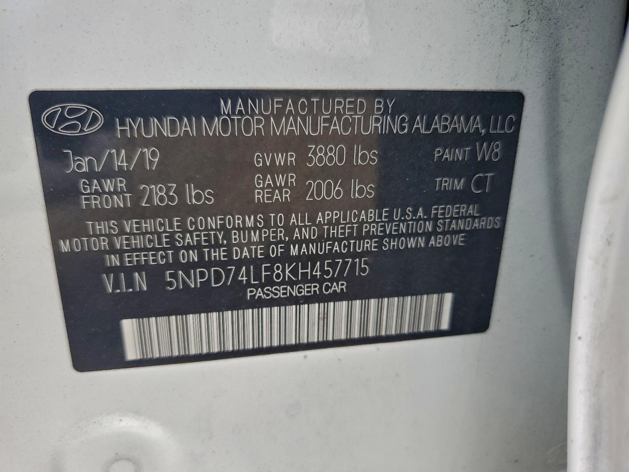 2019 Hyundai Elantra Se VIN: 5NPD74LF8KH457715 Lot: 94556065