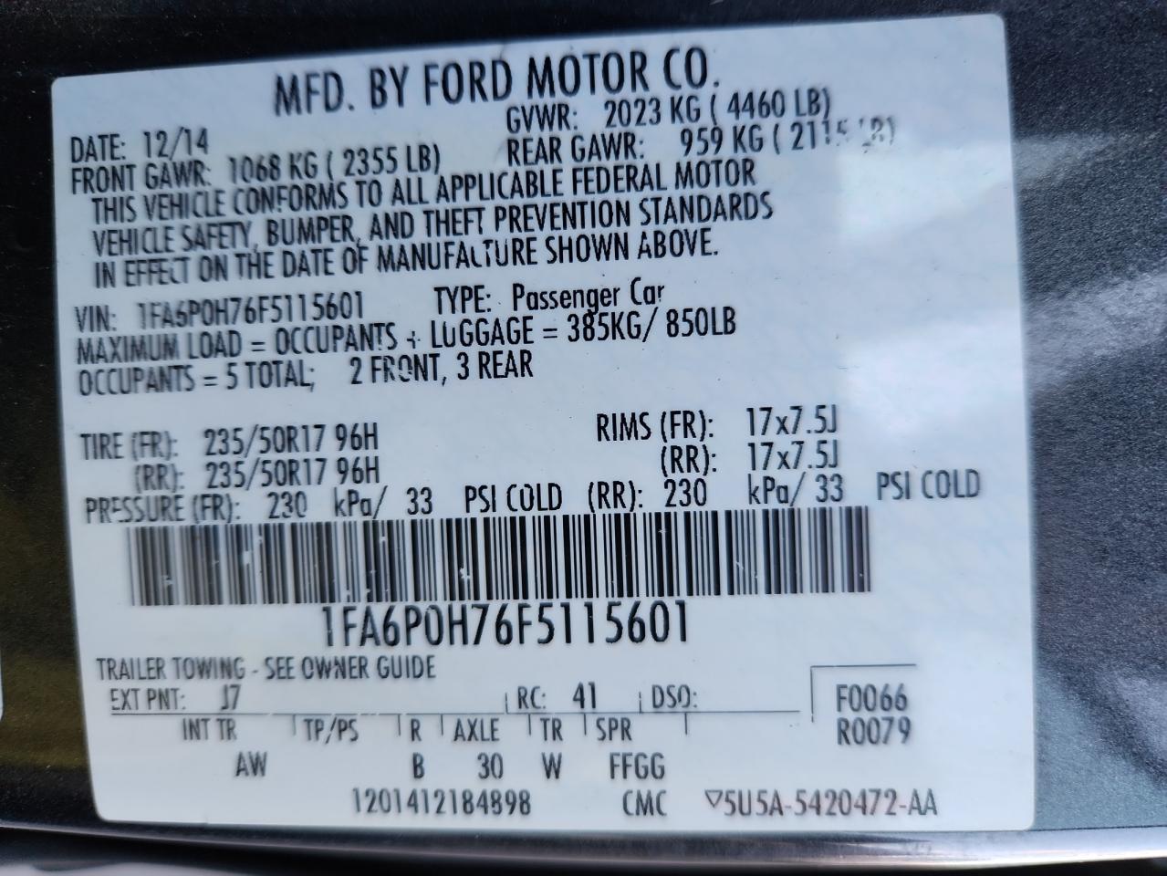2015 Ford Fusion Se VIN: 1FA6P0H76F5115601 Lot: 92245055