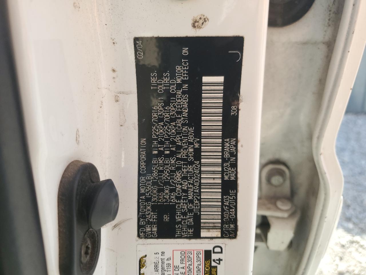 2004 Toyota Highlander Base VIN: JTEDP21A940024024 Lot: 91113425