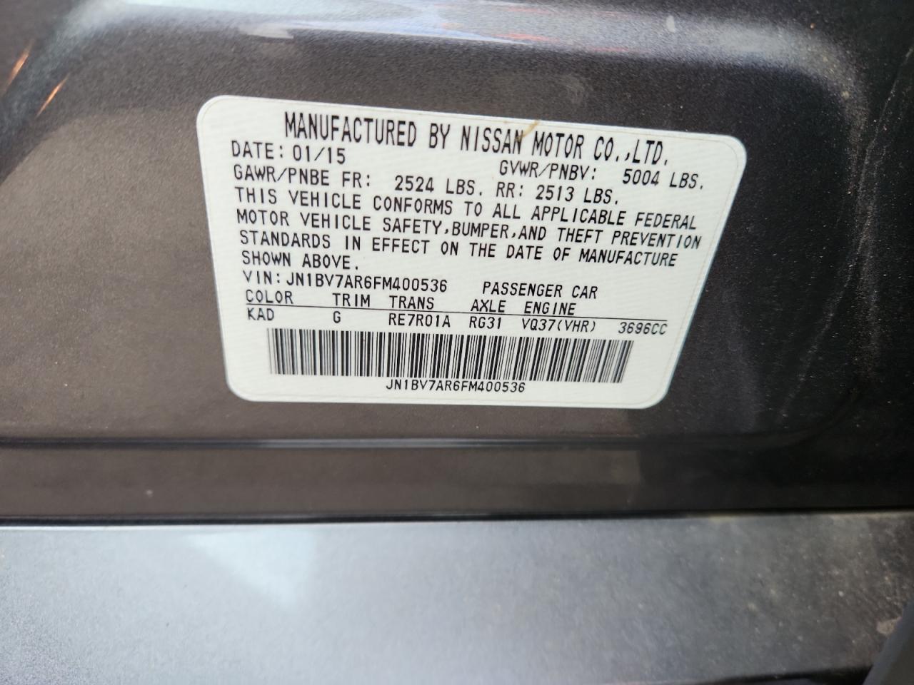 2015 Infiniti Q50 Base VIN: JN1BV7AR6FM400536 Lot: 92598475