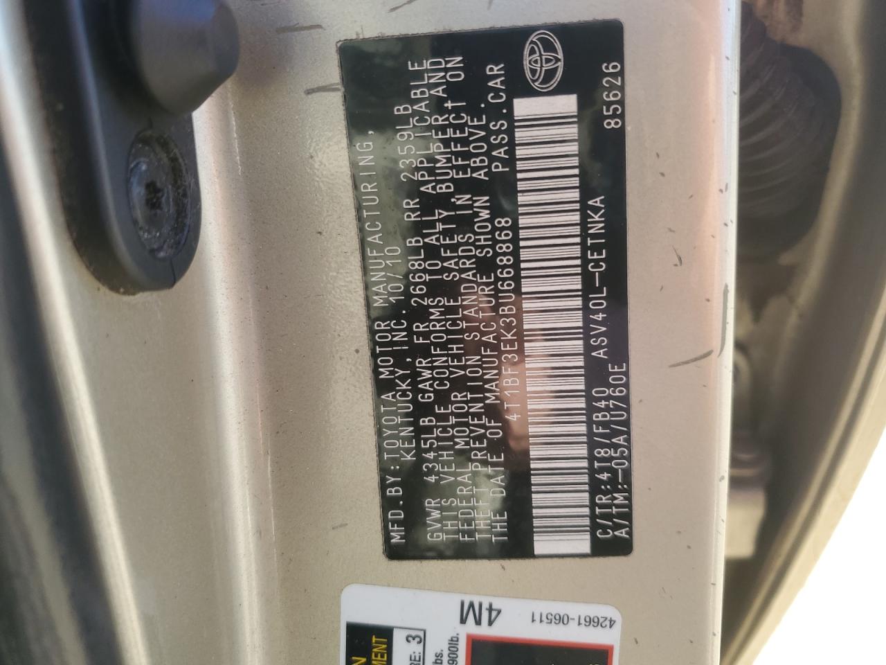 2011 Toyota Camry Base VIN: 4T1BF3EK3BU668868 Lot: 87024755