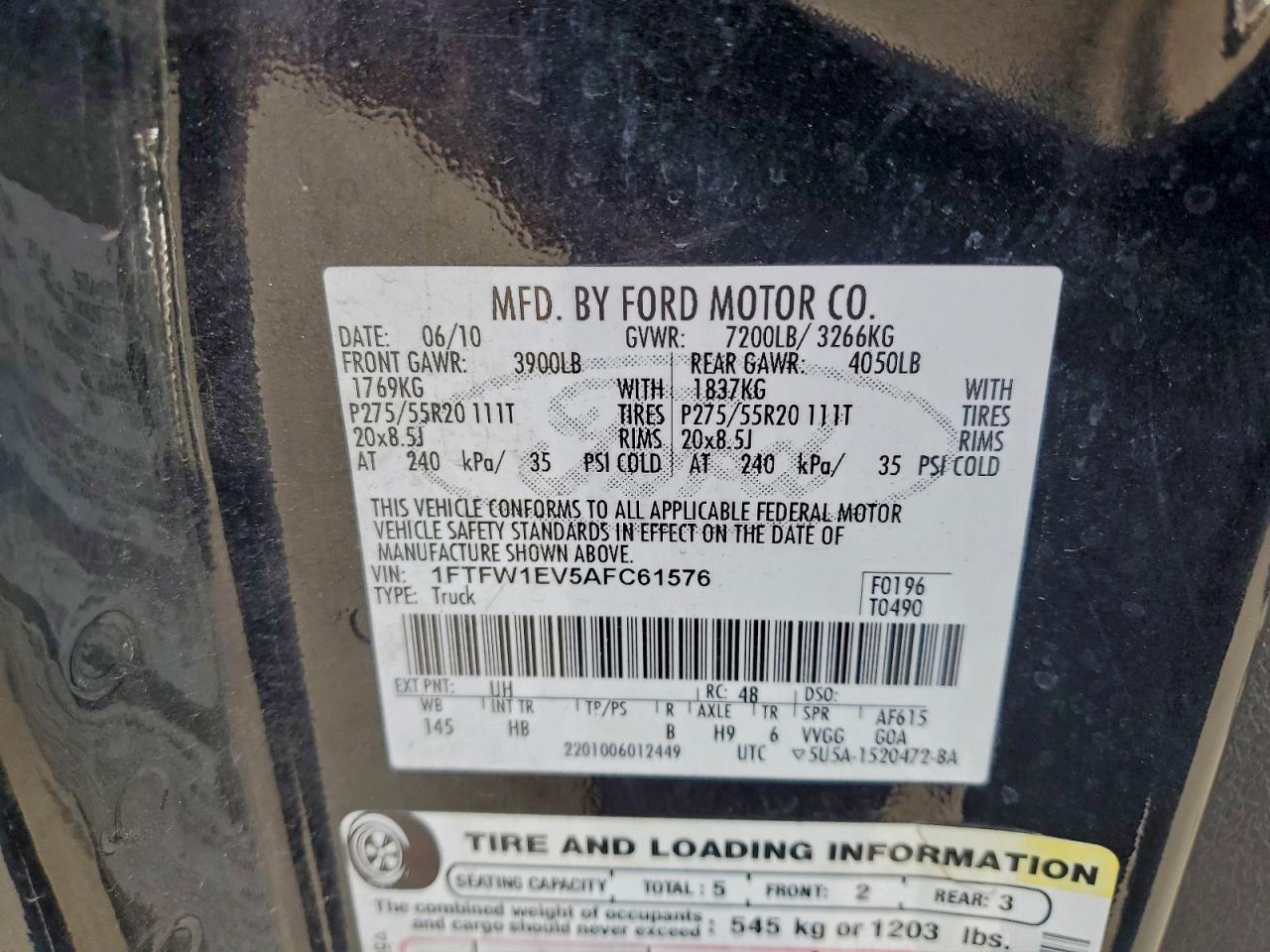 2010 Ford F150 Supercrew VIN: 1FTFW1EV5AFC61576 Lot: 92445765