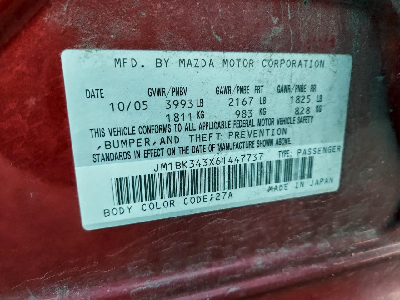 2006 Mazda 3 Hatchback VIN: JM1BK343X61447737 Lot: 94167465