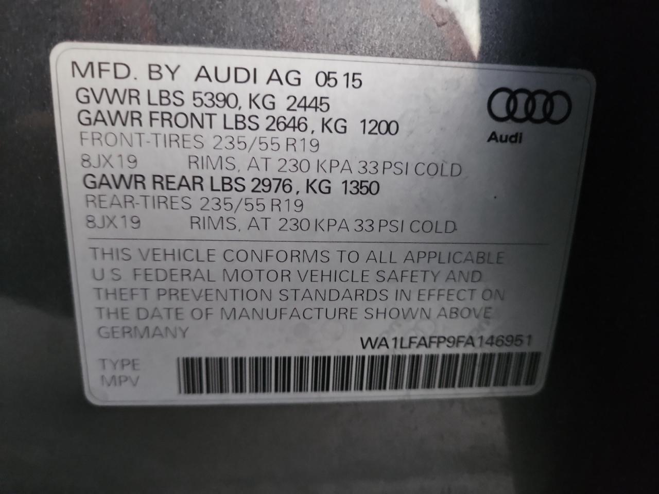 2015 Audi Q5 Premium Plus VIN: WA1LFAFP9FA146951 Lot: 90729595