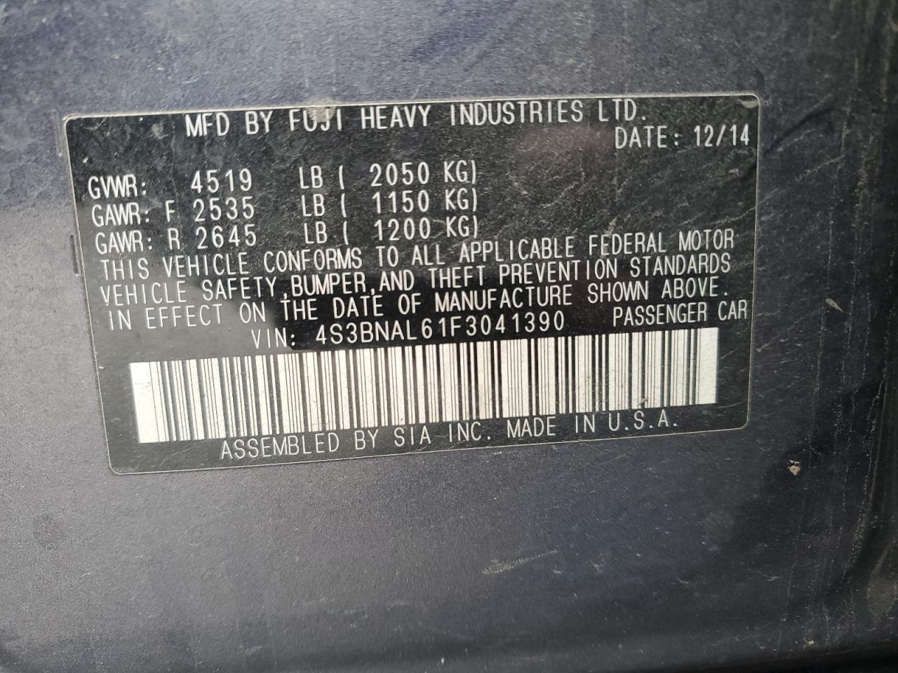 2015 Subaru Legacy 2.5I Limited VIN: 4S3BNAL61F3041390 Lot: 92800425