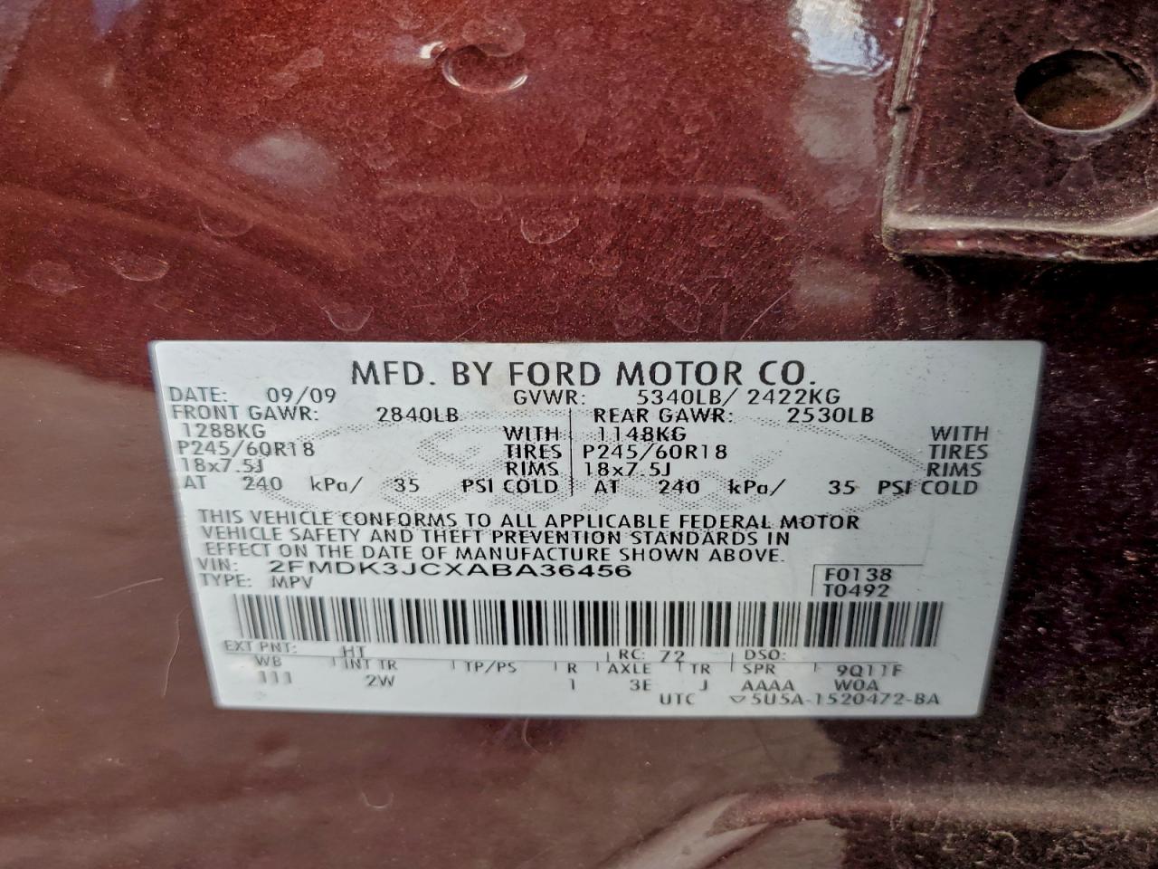 2010 Ford Edge Sel VIN: 2FMDK3JCXABA36456 Lot: 94472325