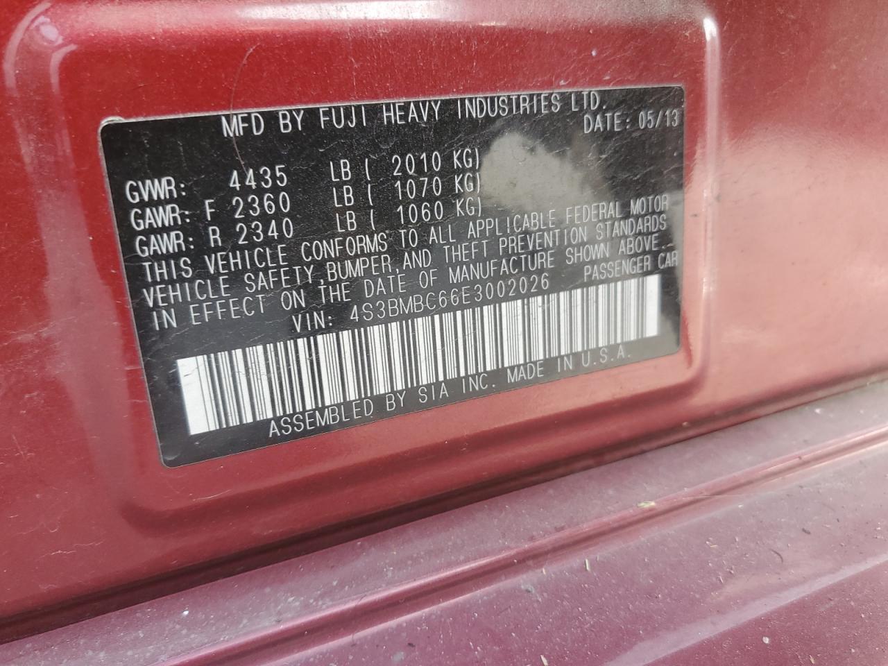 2014 Subaru Legacy 2.5I Premium VIN: 4S3BMBC66E3002026 Lot: 91257425