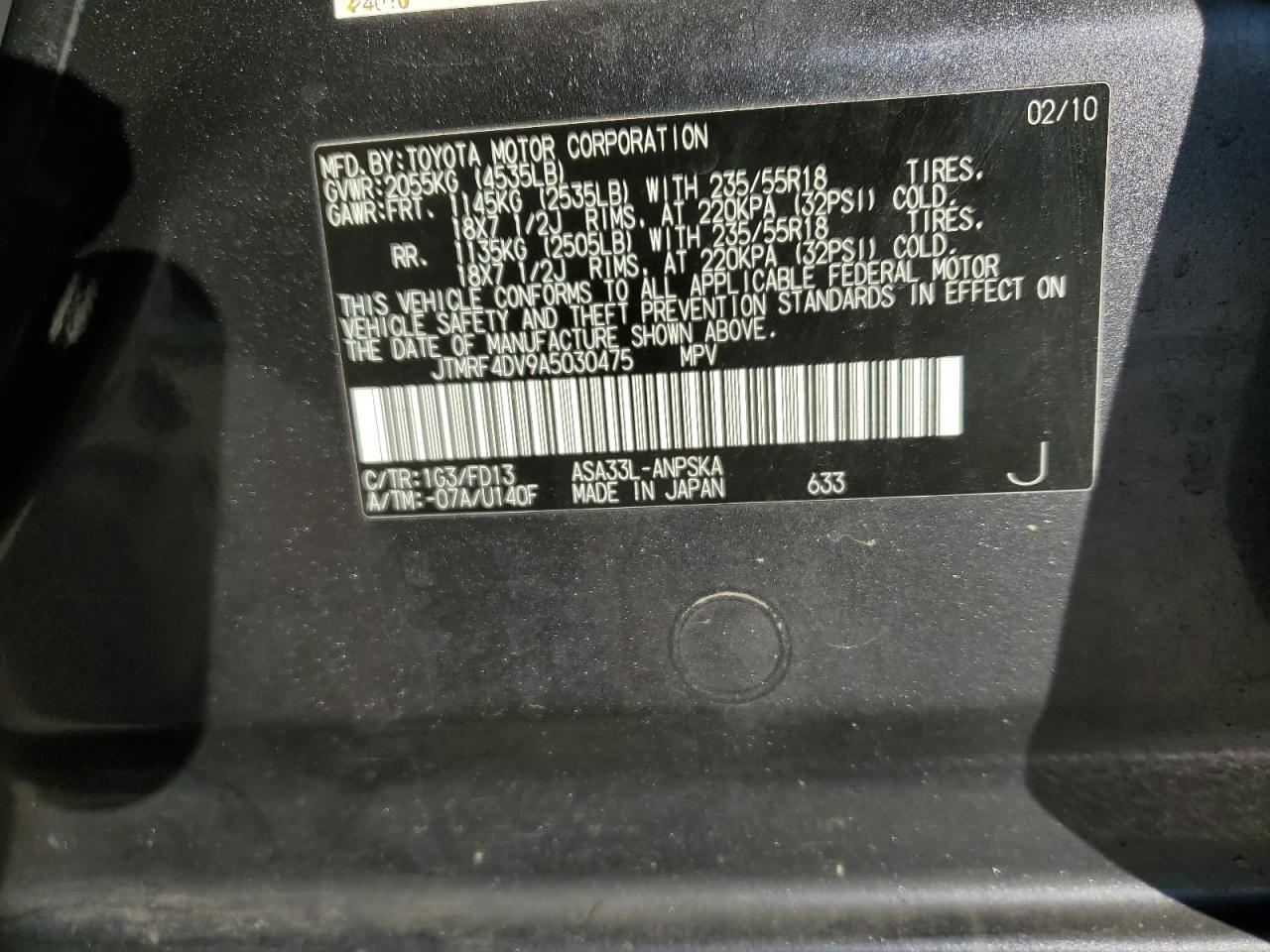 2010 Toyota Rav4 Sport VIN: JTMRF4DV9A5030475 Lot: 91938515