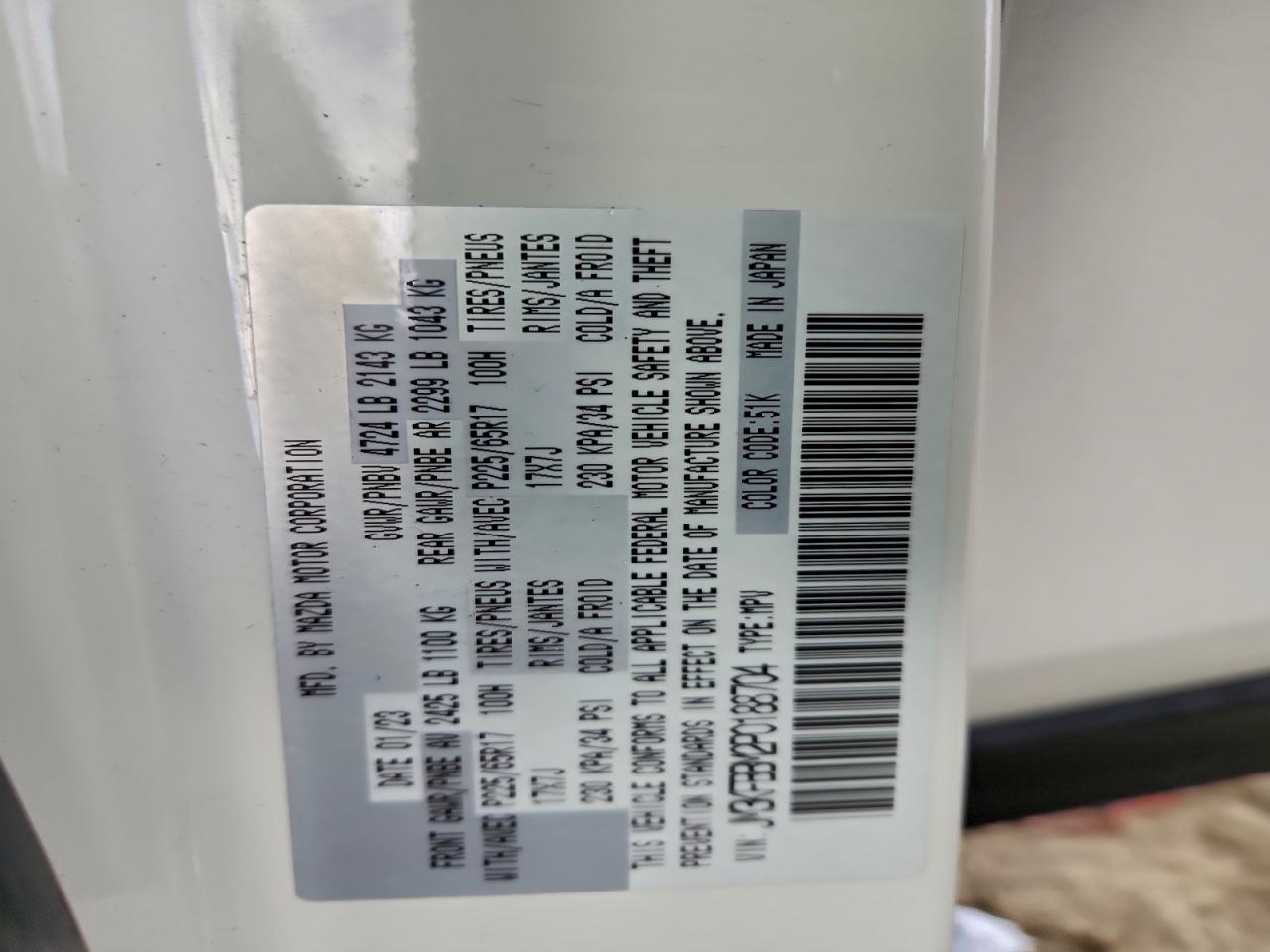 2023 Mazda Cx-5 Select VIN: JM3KFBBM2P0188704 Lot: 94280095