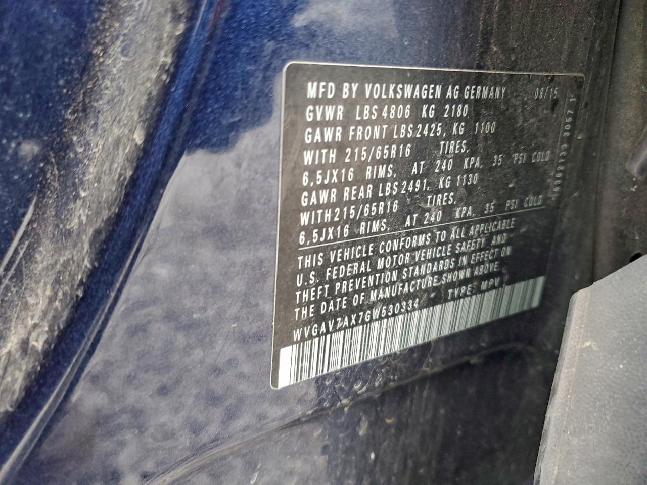 2016 Volkswagen Tiguan S VIN: WVGAV7AX7GW530334 Lot: 94681655