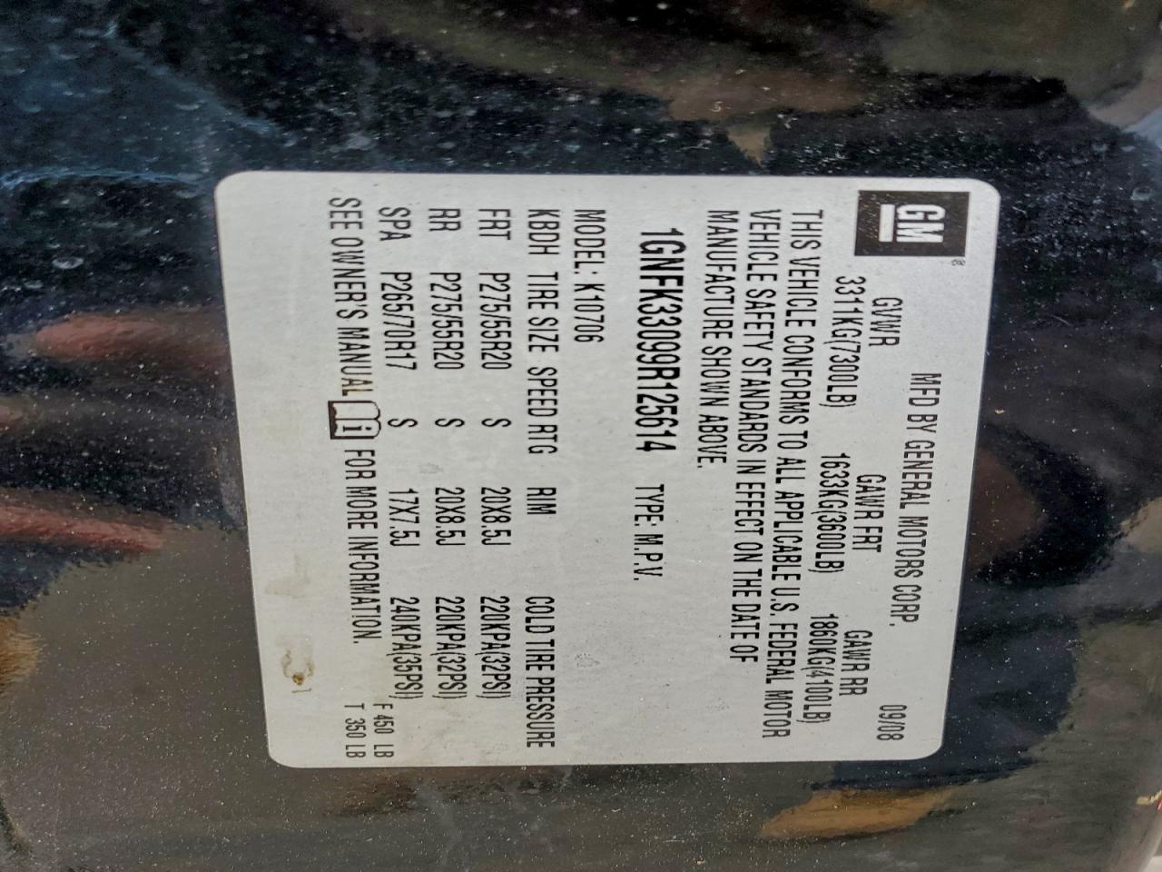 2009 Chevrolet Tahoe K1500 Ltz VIN: 1GNFK33099R125614 Lot: 94148295