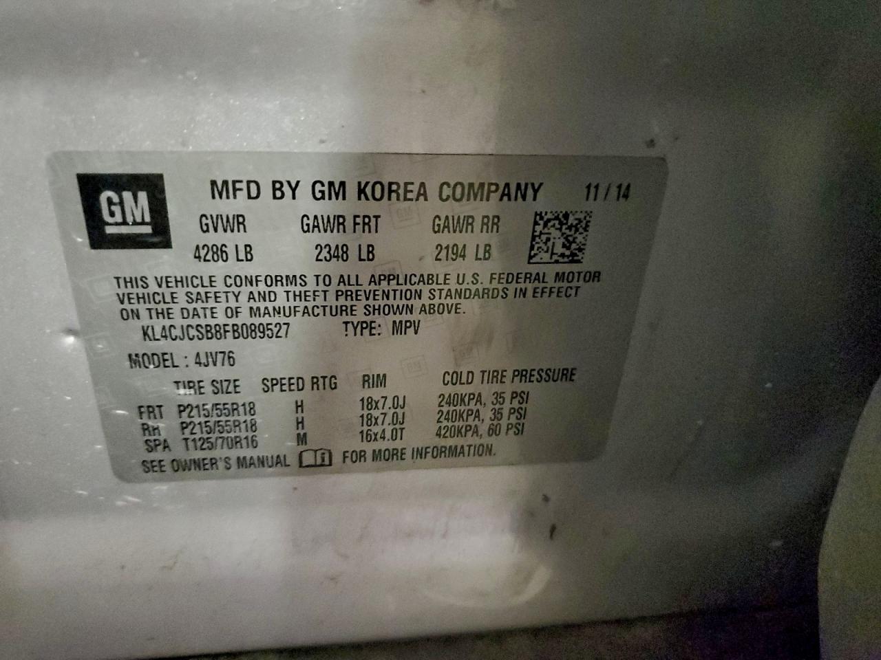 2015 Buick Encore VIN: KL4CJCSB8FB089527 Lot: 90083205