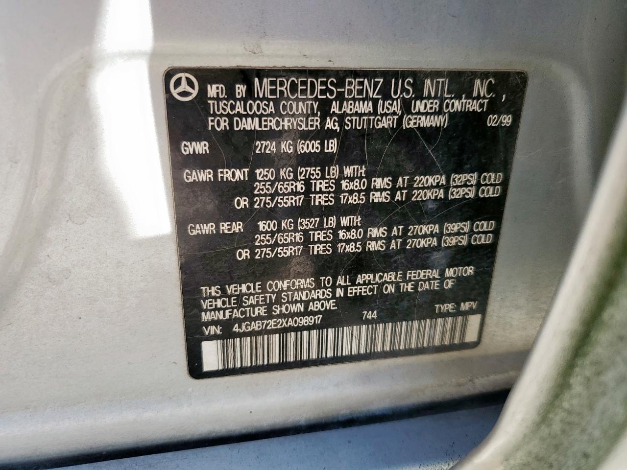 1999 Mercedes-Benz Ml 430 VIN: 4JGAB72E2XA098917 Lot: 91905845