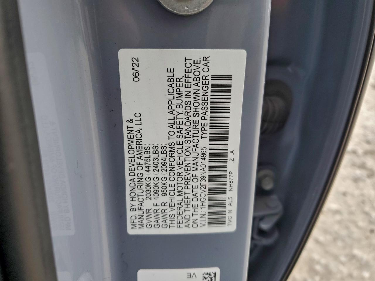 2022 Honda Accord Sport VIN: 1HGCV2F39NA014865 Lot: 94187985