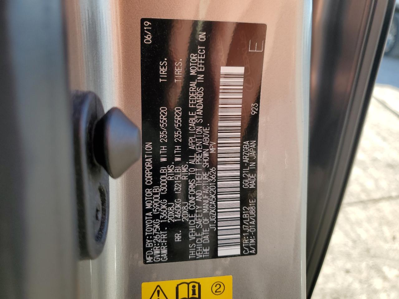 2019 Lexus Rx 350 L VIN: JTJGZKCA5K2013626 Lot: 91511345