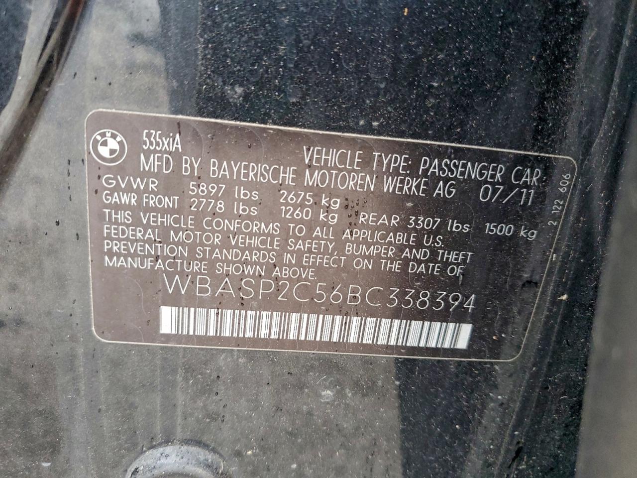 2011 BMW 535 Xigt VIN: WBASP2C56BC338394 Lot: 93949895