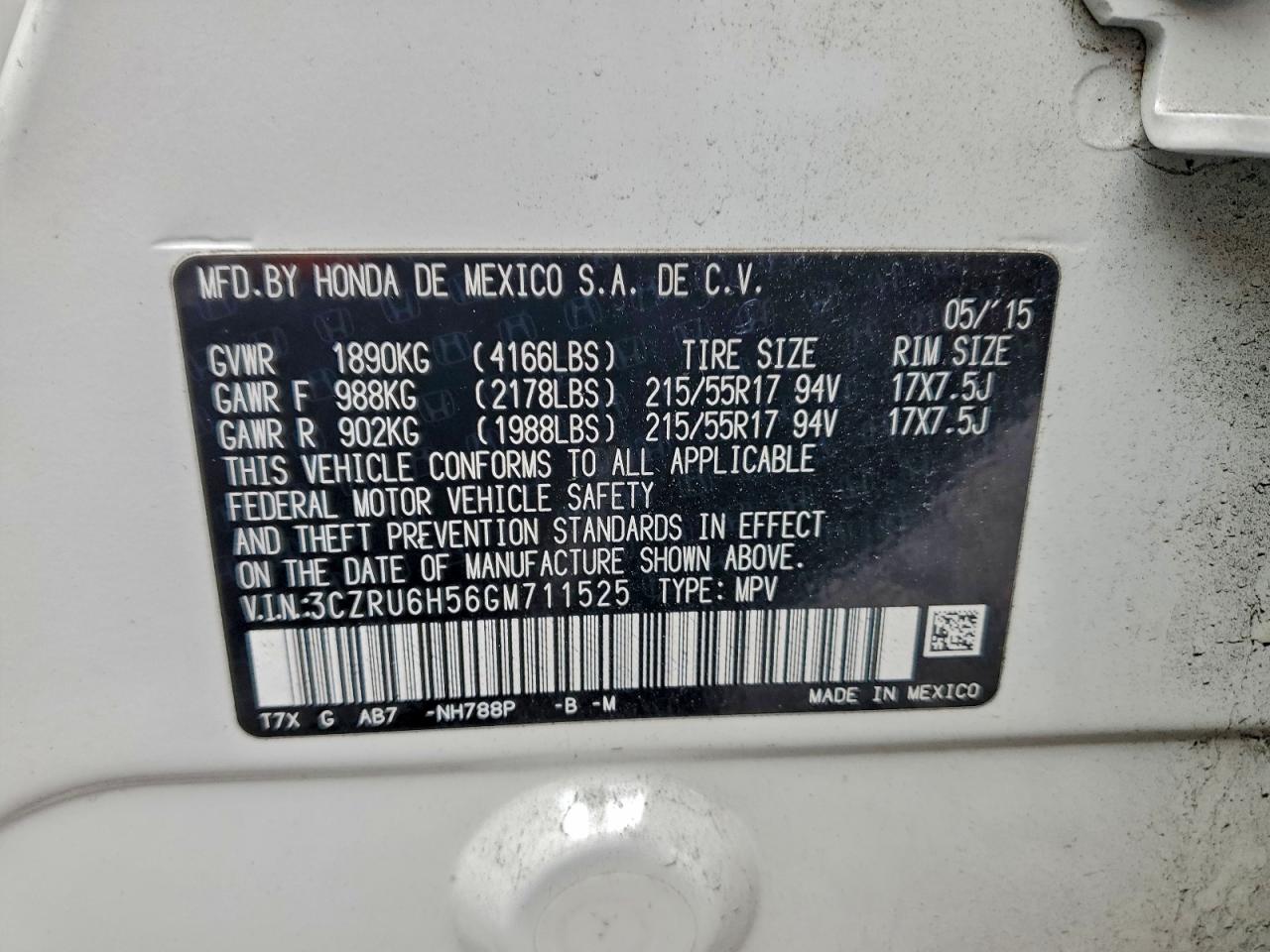 2016 Honda Hr-V Ex VIN: 3CZRU6H56GM711525 Lot: 93425815