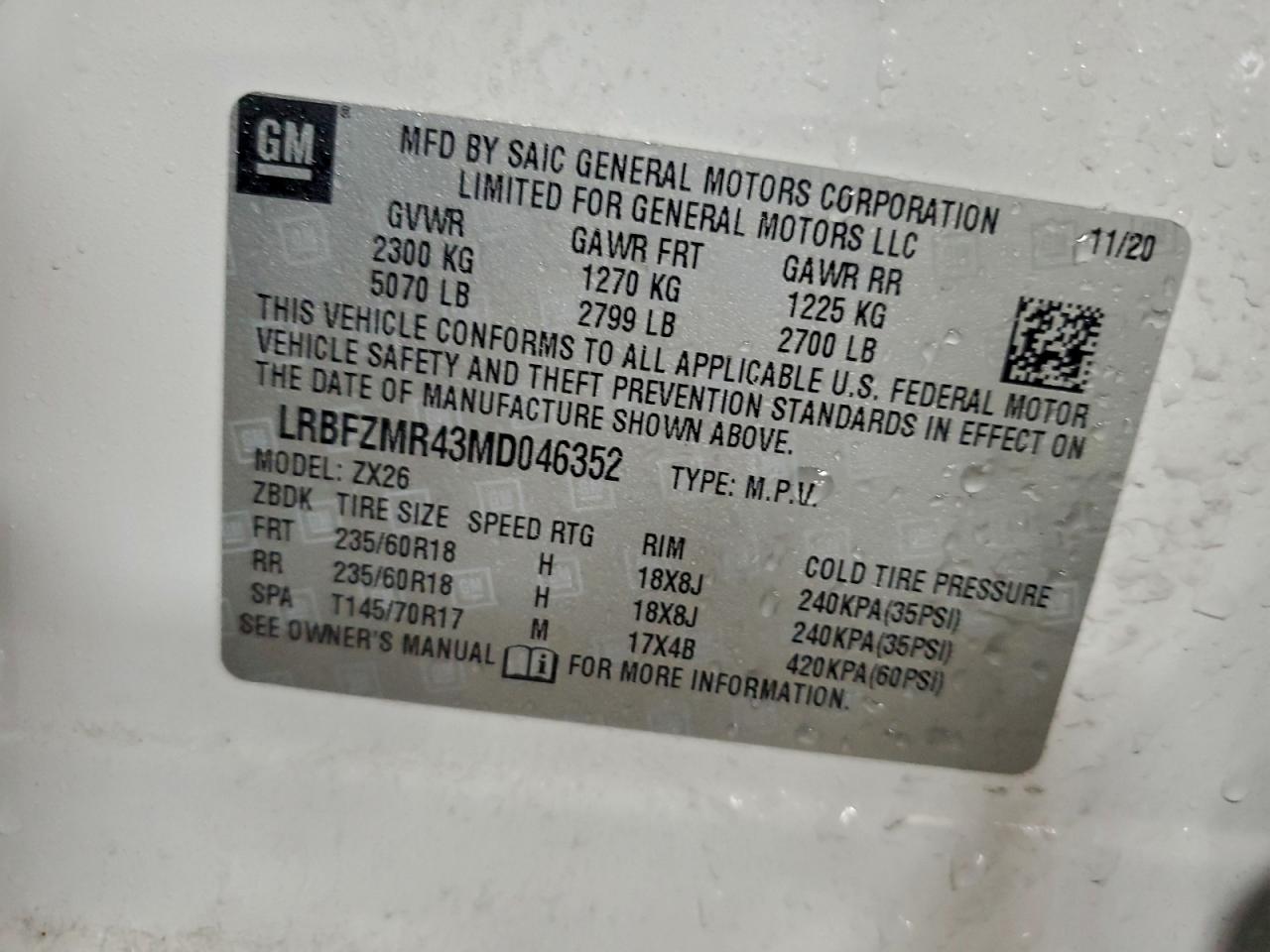 2021 Buick Envision Preferred VIN: LRBFZMR43MD046352 Lot: 94259855