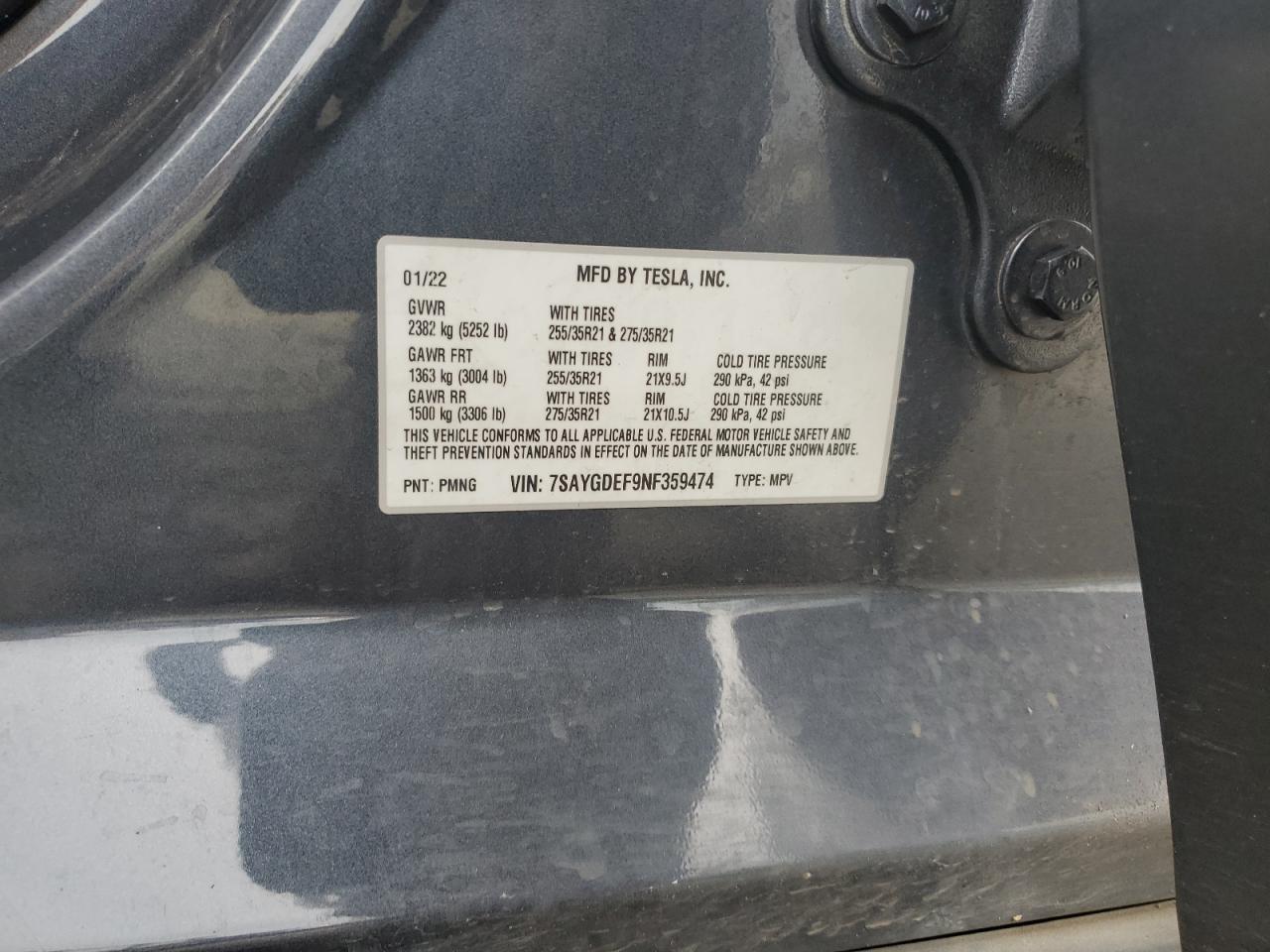 2022 Tesla Model Y VIN: 7SAYGDEF9NF359474 Lot: 92028845