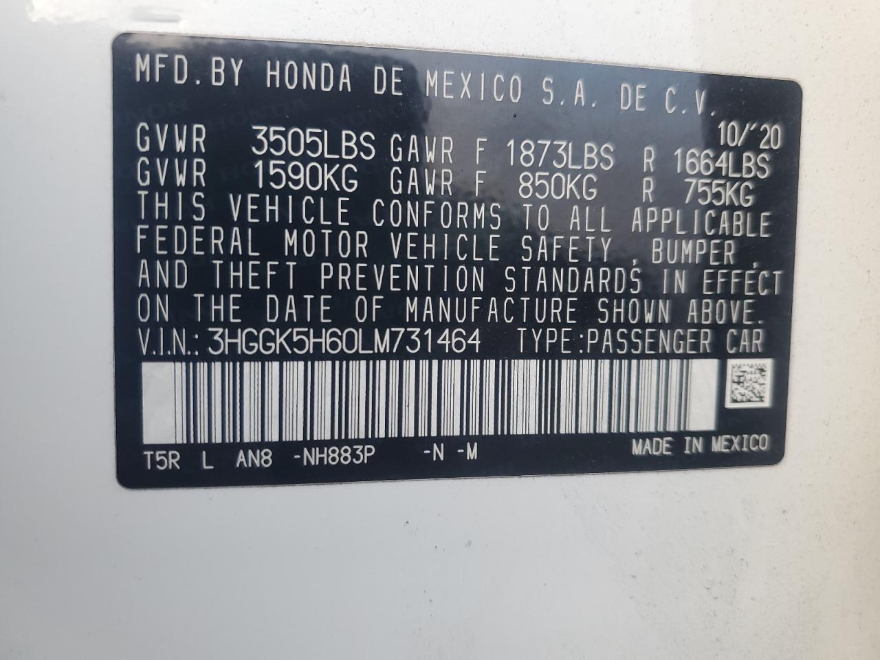 2020 Honda Fit Sport VIN: 3HGGK5H60LM731464 Lot: 93437525