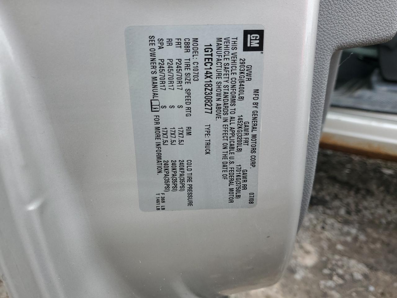 2008 GMC Sierra C1500 VIN: 1GTEC14X18Z308277 Lot: 92680815