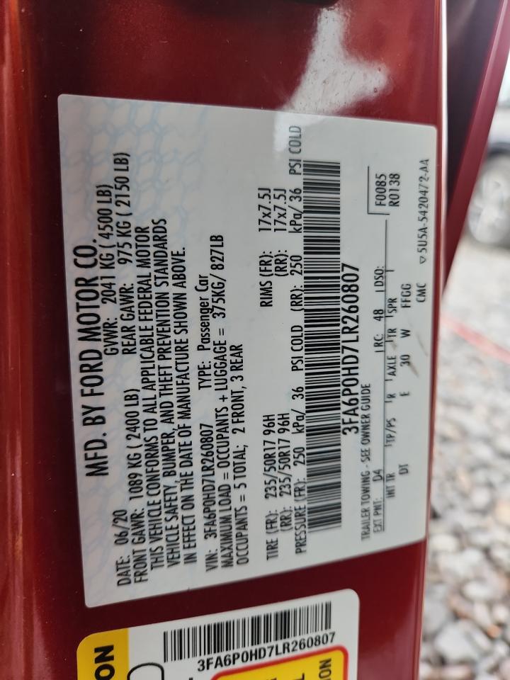 2020 Ford Fusion Se VIN: 3FA6P0HD7LR260807 Lot: 93104095