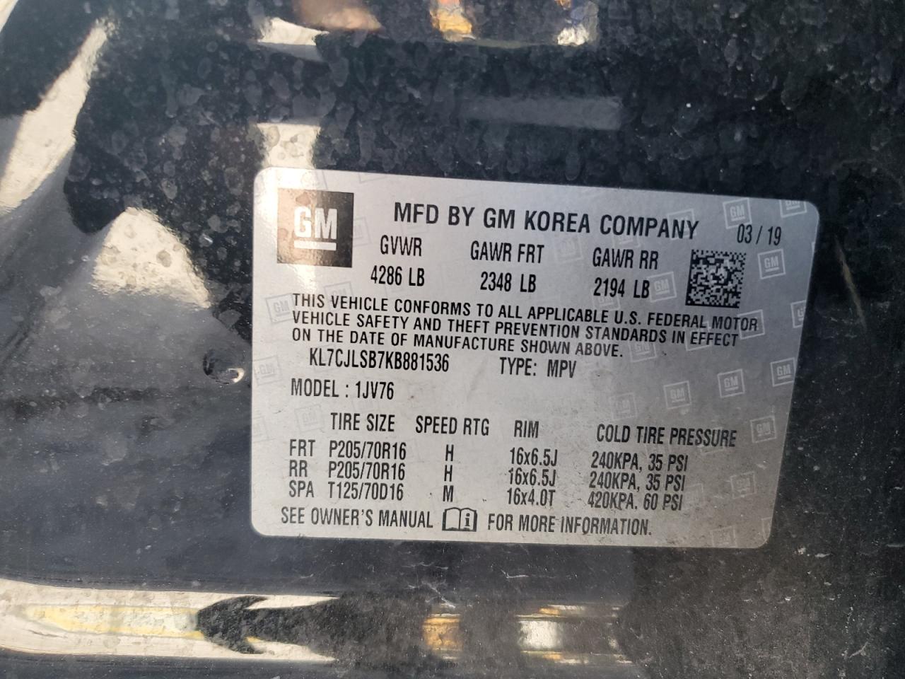 2019 Chevrolet Trax 1Lt VIN: KL7CJLSB7KB881536 Lot: 92586305