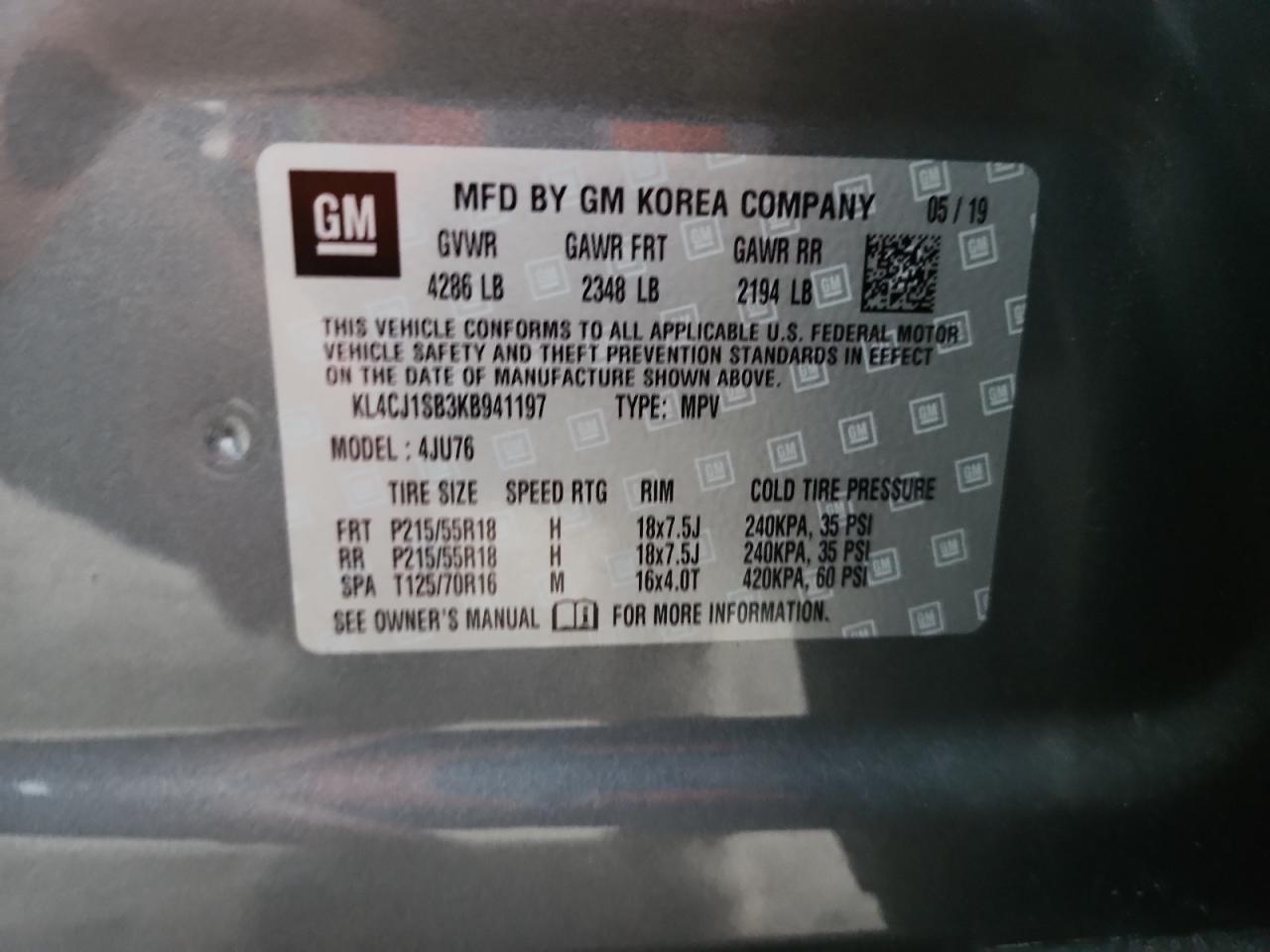 2019 Buick Encore Sport Touring VIN: KL4CJ1SB3KB941197 Lot: 93021285