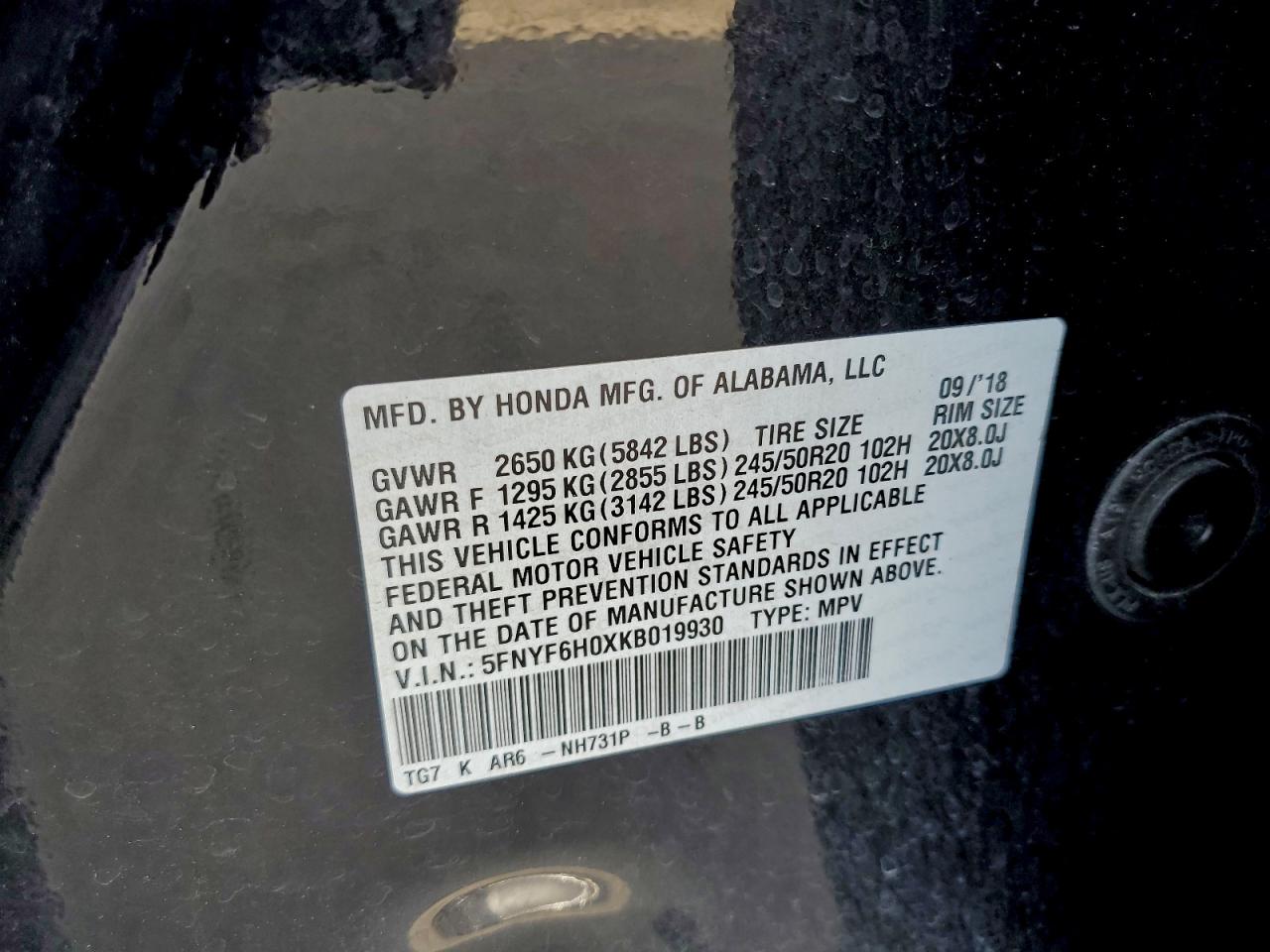2019 Honda Pilot Elite VIN: 5FNYF6H0XKB019930 Lot: 93865205