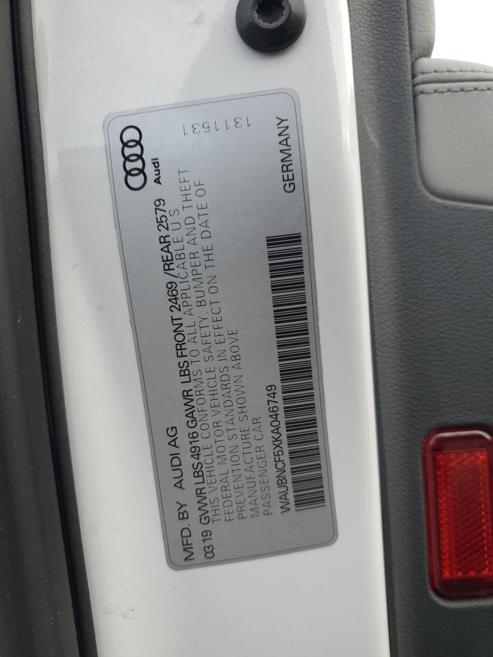 2019 Audi A5 Premium Plus VIN: WAUBNCF5XKA046749 Lot: 93851365