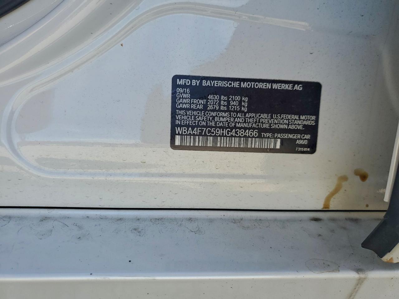 2017 BMW 430I Gran Coupe VIN: WBA4F7C59HG438466 Lot: 93524135