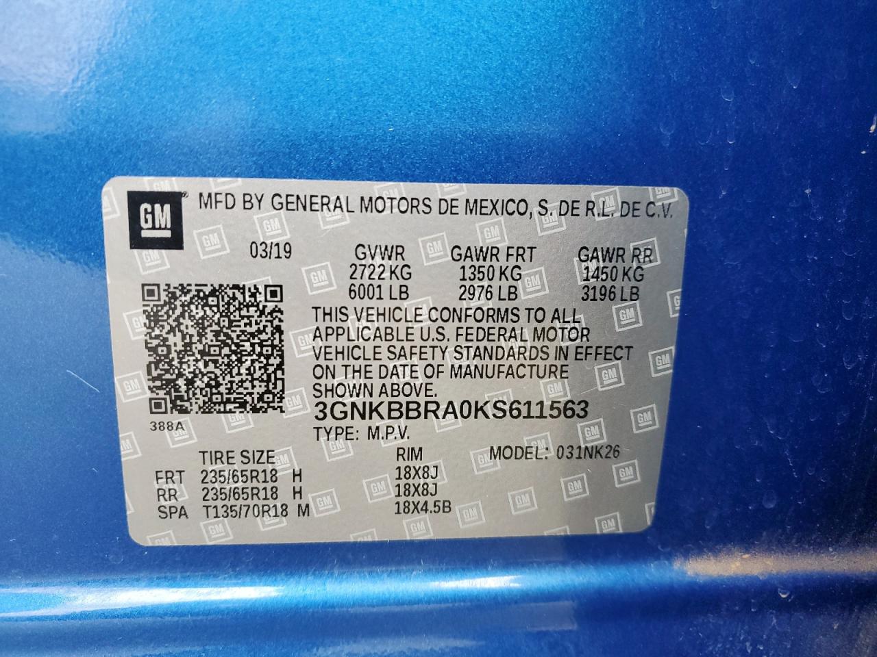 2019 Chevrolet Blazer 1Lt VIN: 3GNKBBRA0KS611563 Lot: 92681255