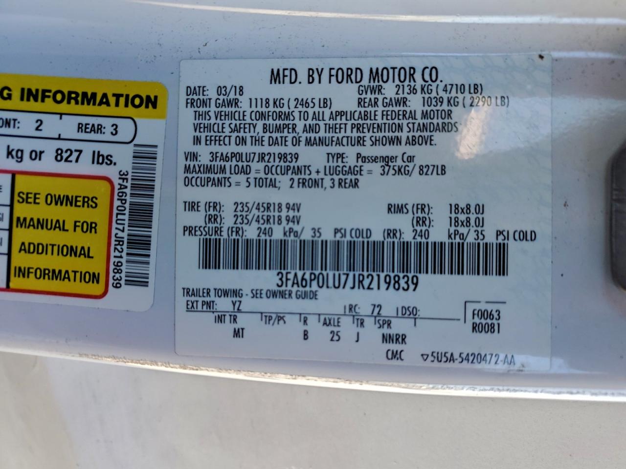 2018 Ford Fusion Se Hybrid VIN: 3FA6P0LU7JR219839 Lot: 91792235