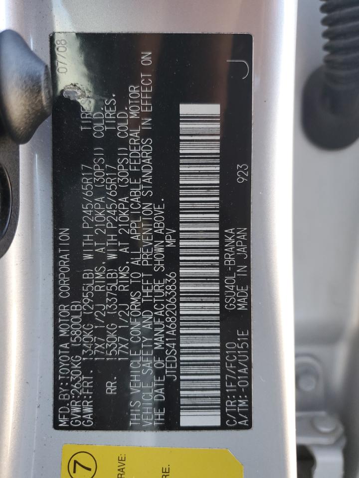 2008 Toyota Highlander VIN: JTEDS41A682063836 Lot: 91865565