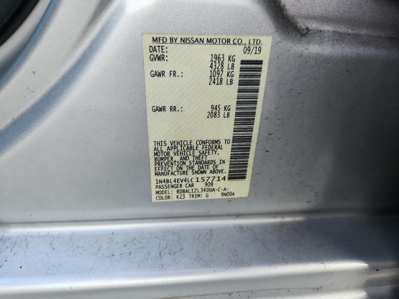 2020 Nissan Altima Sl VIN: 1N4BL4EV4LC157714 Lot: 93427595