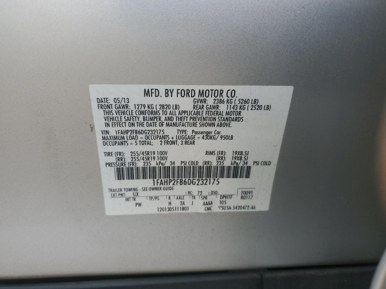 2013 Ford Taurus Limited VIN: 1FAHP2F86DG232175 Lot: 90760795