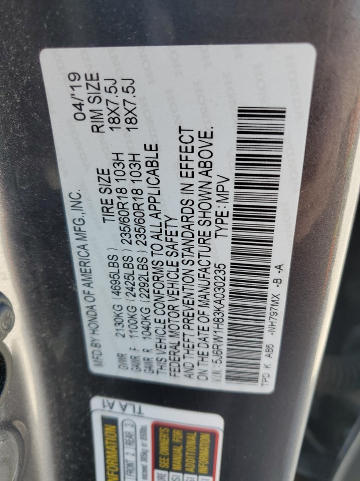 2019 Honda Cr-V Exl VIN: 5J6RW1H83KA030235 Lot: 91397585