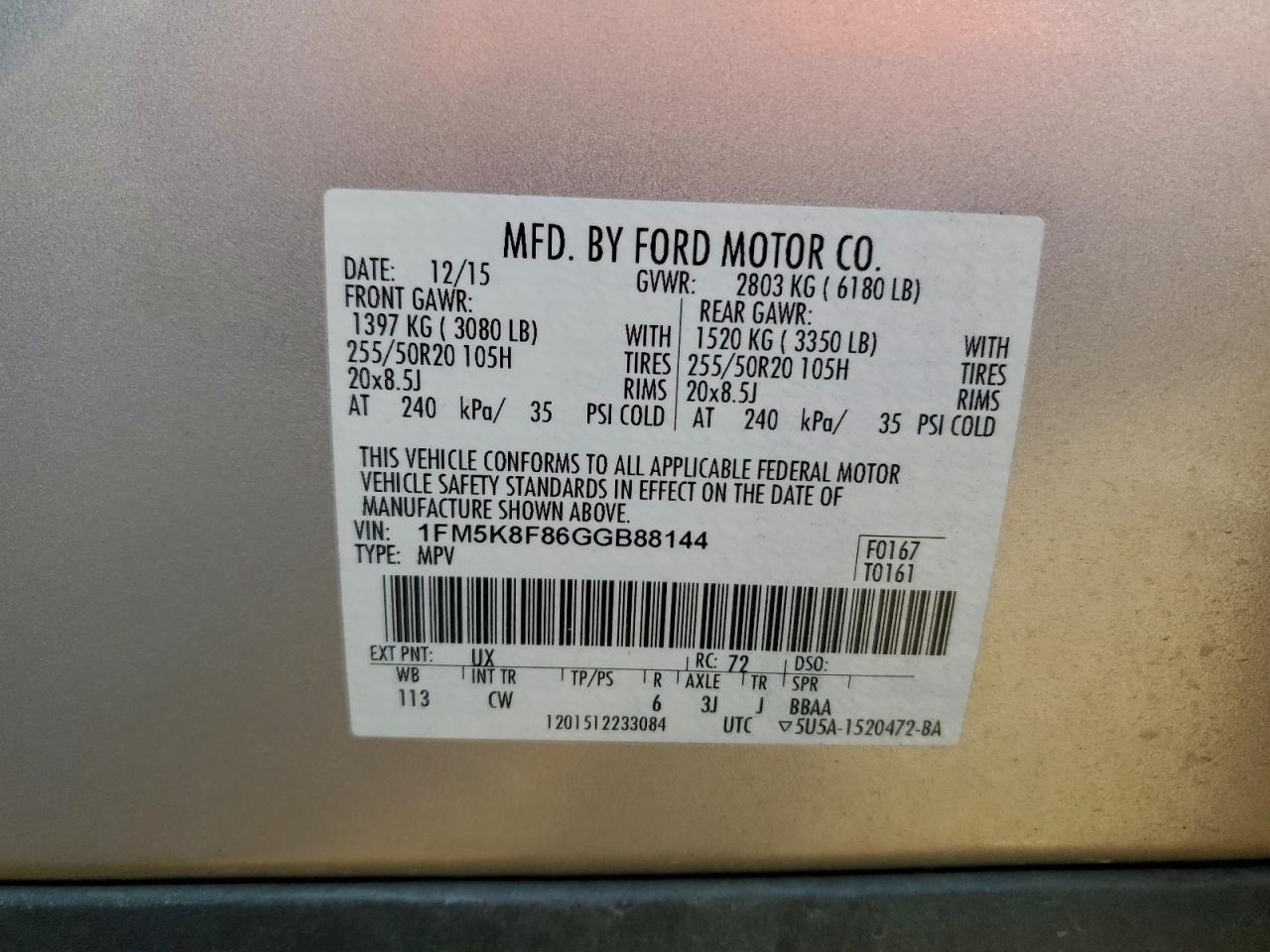 2016 Ford Explorer Limited VIN: 1FM5K8F86GGB88144 Lot: 94221255