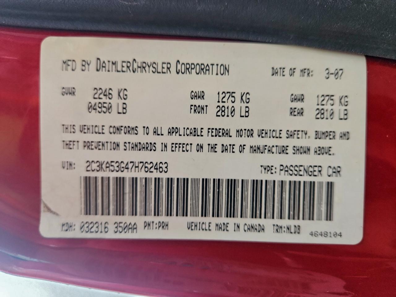 2007 Chrysler 300 Touring VIN: 2C3KA53G47H762463 Lot: 93473145