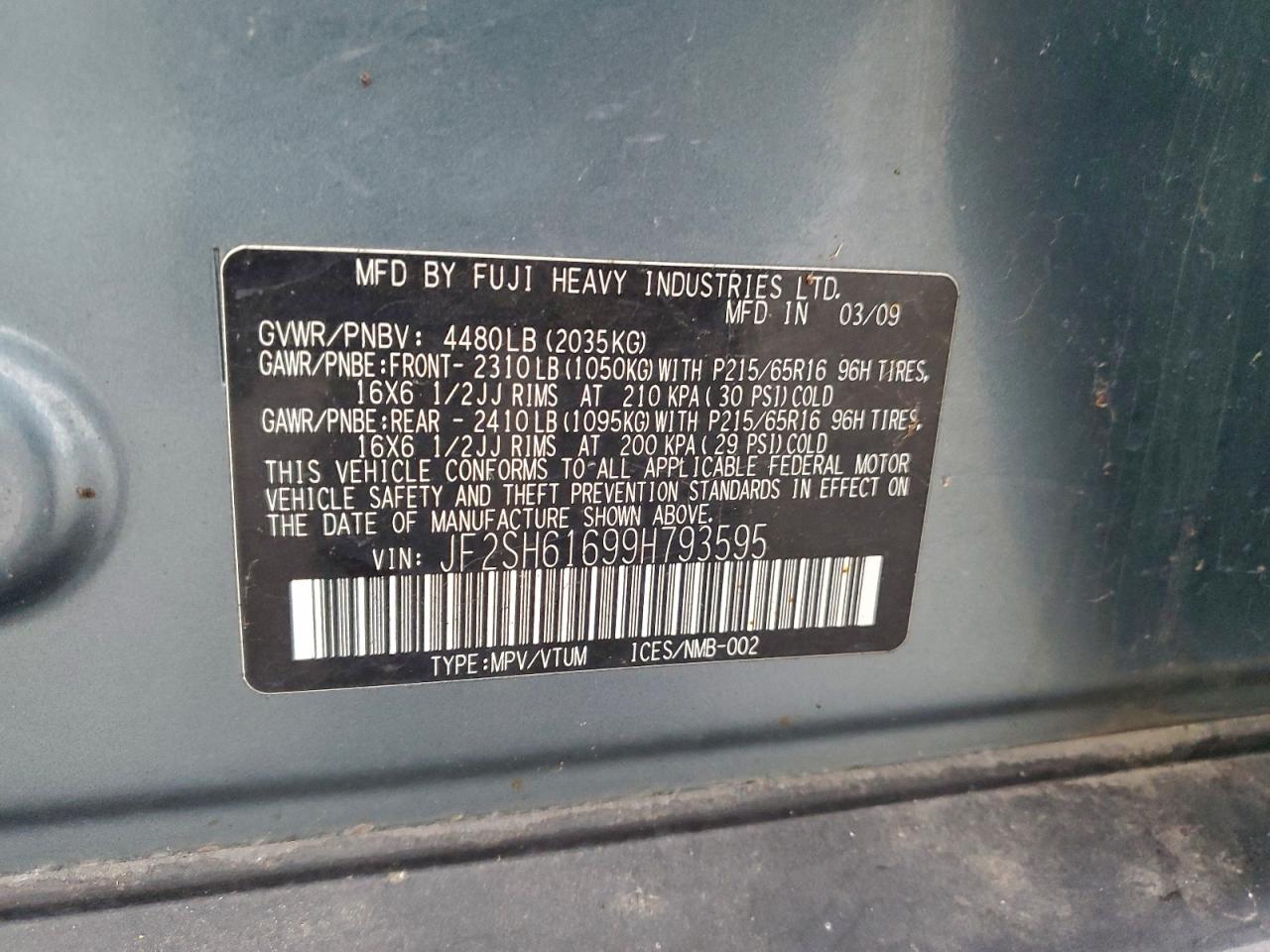 2009 Subaru Forester 2.5X VIN: JF2SH61699H793595 Lot: 94413155