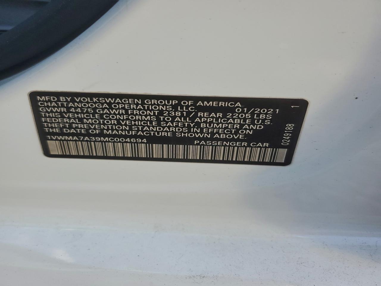 2021 Volkswagen Passat R-Line VIN: 1VWMA7A39MC004694 Lot: 94038425