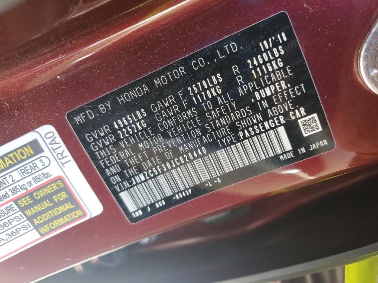 2018 Honda Clarity Touring VIN: JHMZC5F30JC020440 Lot: 91007215