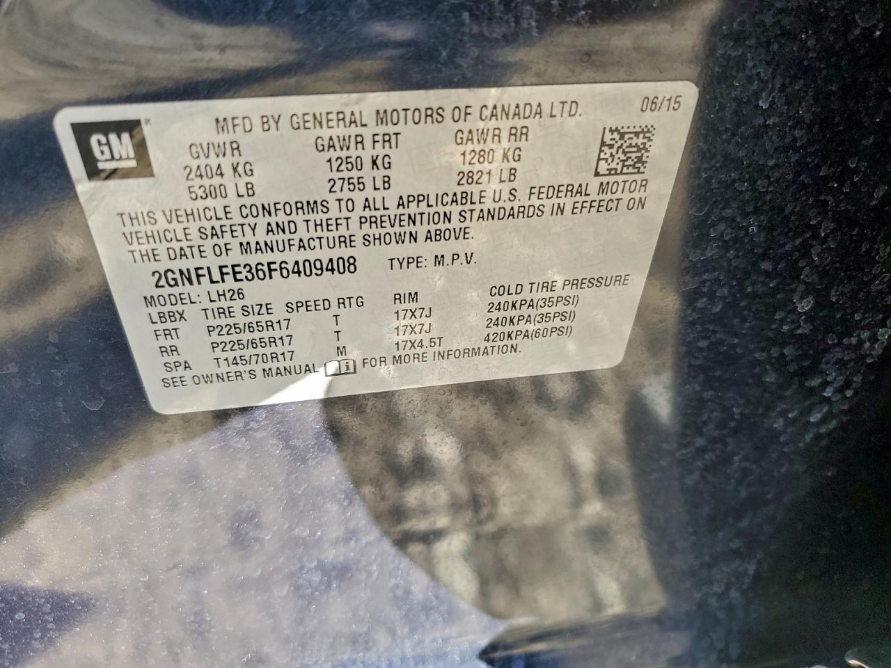 2015 Chevrolet Equinox Lt VIN: 2GNFLFE36F6409408 Lot: 94556075