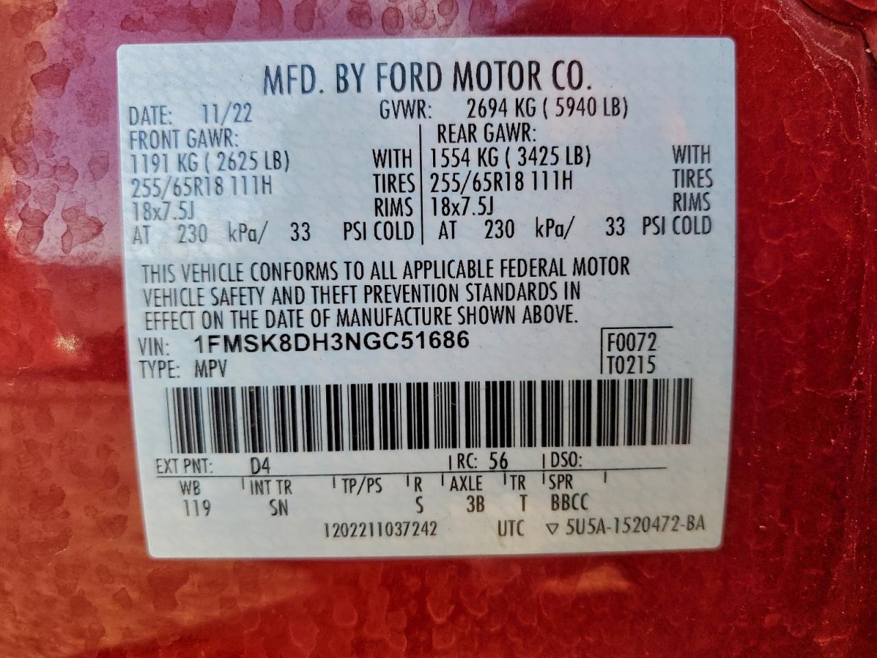 2022 Ford Explorer Xlt VIN: 1FMSK8DH3NGC51686 Lot: 94371215