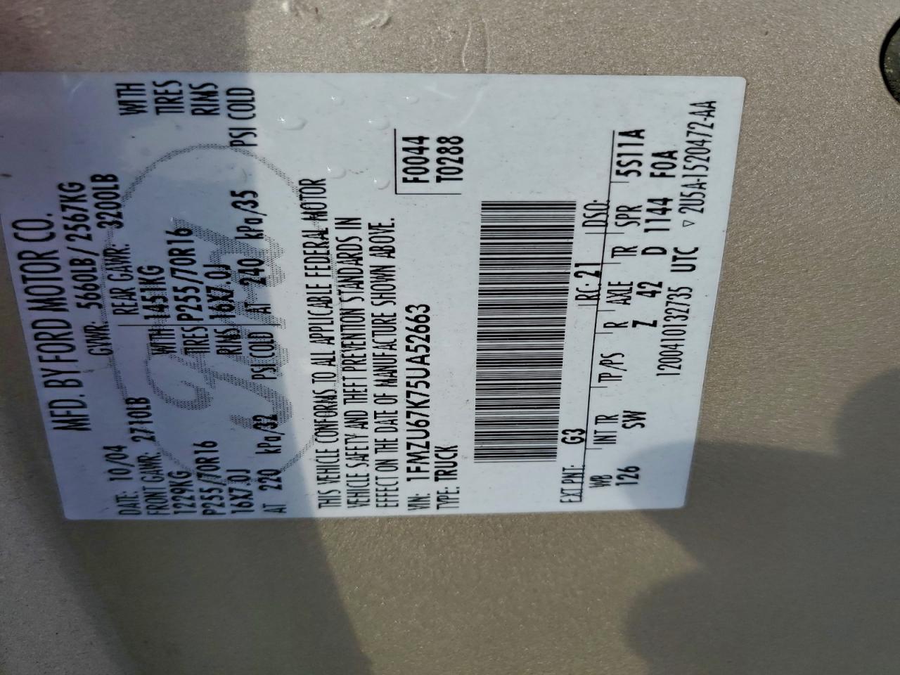 2005 Ford Explorer Sport Trac VIN: 1FMZU67K75UA52663 Lot: 93773765