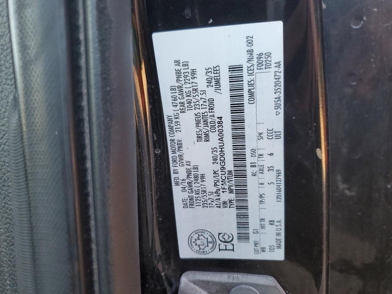 2017 Ford Escape Se VIN: 1FMCU9GD0HUA00384 Lot: 91215555